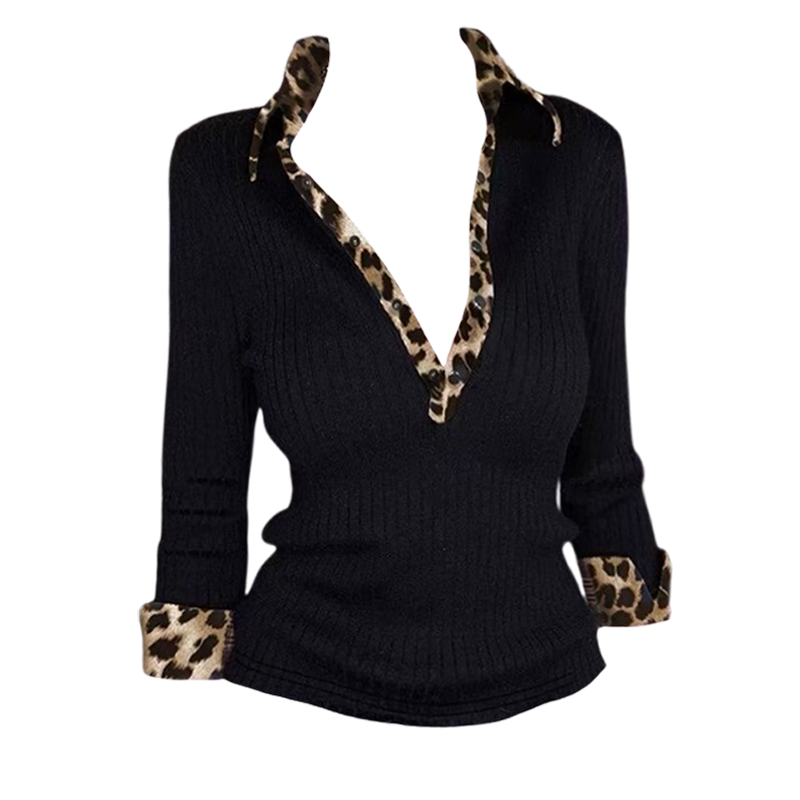 American-Style Spicy Girl Leopard Print Patchwork Polo Collar Imitation Knit Top 2025 Spring Women's Deep V-Neck Slim-Fit Versatile Top