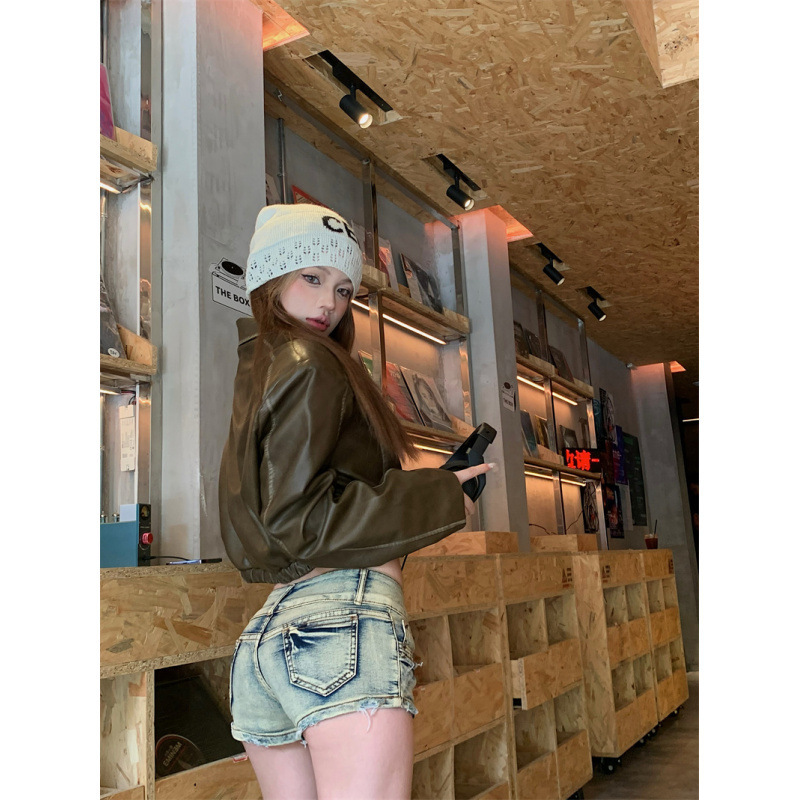 昕可达 超酷帅气棕色皮衣机车夹克美式复古美拉德外套|undefined