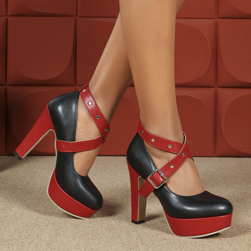Manufacturer Wholesale Foreign Trade Large Size European and American Style Buckle Cross-Strap Color-Blocked High Thick-Soled Single Shoes with Extra High Heels