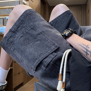 Men's Summer Trendy Casual Cargo Denim Shorts with Large Pockets, American Retro Loose Mid-Length Shorts for Teenagers