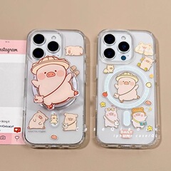 Apple 15promax 携帯電話ケース 16/14 ソフト 13/12/11 に適した磁気ホルダー付き漫画マイドゥー子豚
