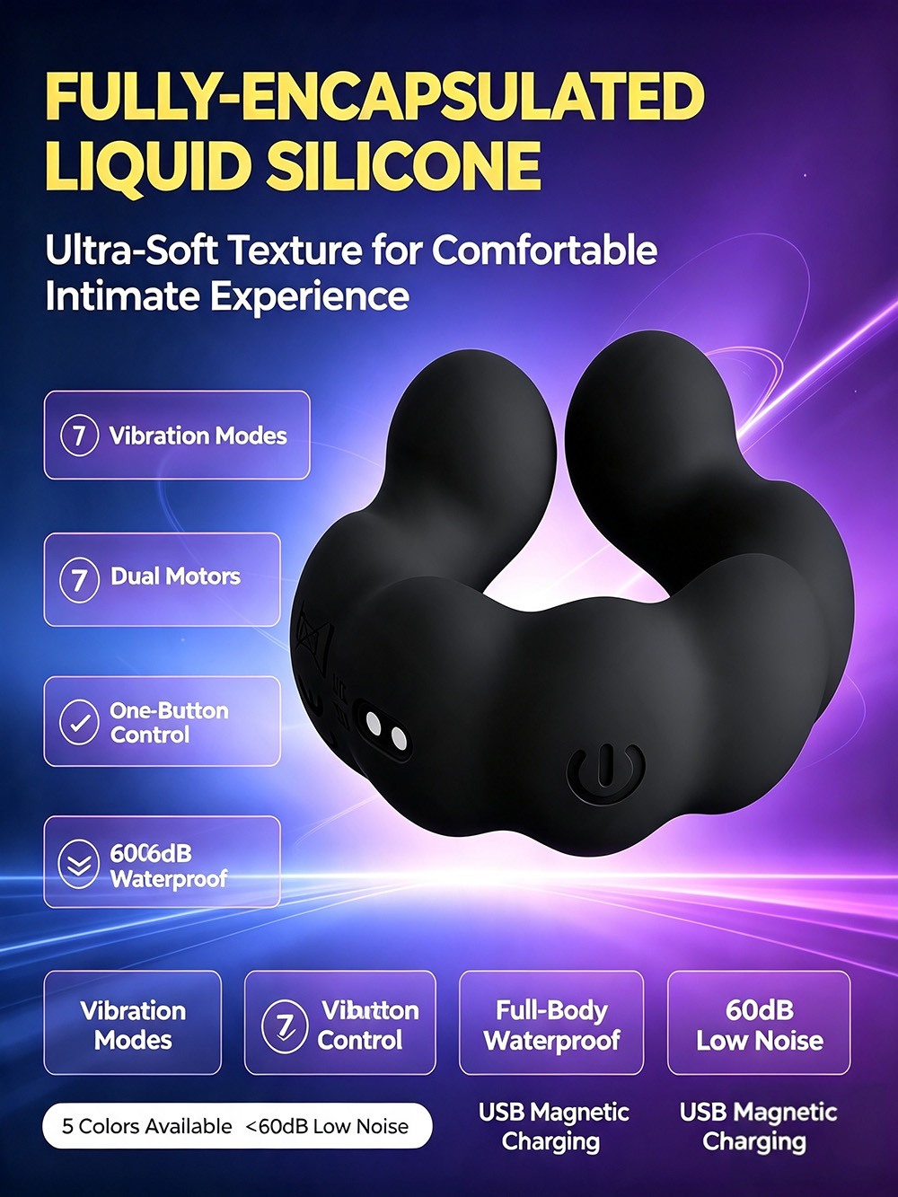 Rechargeable Vibrating Cock Ring, Dual-Use Couples Ring, Liquid Silicone, Black — detail image 2