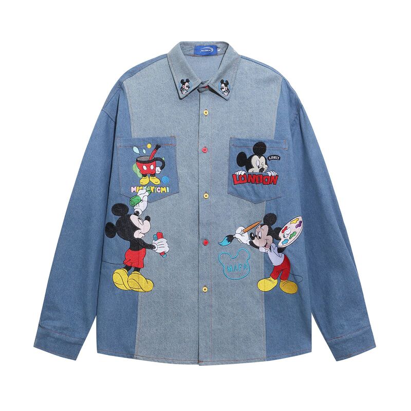 American Retro Color-Blocking Anime Mickey Embroidered Long-Sleeve Denim Shirt for Men and Women, Spring Couple's Long-Sleeve Shirt Jacket American Retro Color-Blocking Anime Mickey Embroidered Long-Sleeve Denim Shirt for Men and Women, Spring Couple's Long-Sleeve Shirt Jacket