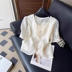2025 新しい夏の新しい多用途痩身と年齢軽減シャツトップス女性のファッション中国風刺繍ジャカードボタンシャツ