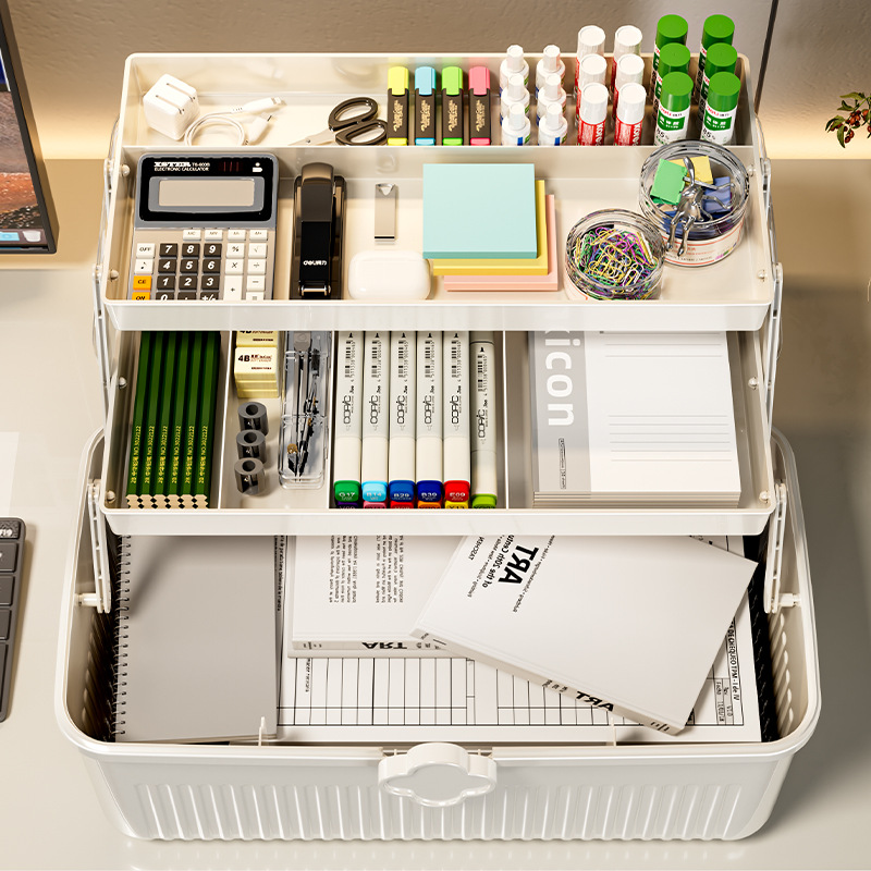 Caja de almacenamiento de medicinas multicapa, caja de almacenamiento de escritorio, caja de almacenamiento de medicinas domésticas de gran capacidad, caja de papelería portátil, caja de arte para estudiantes