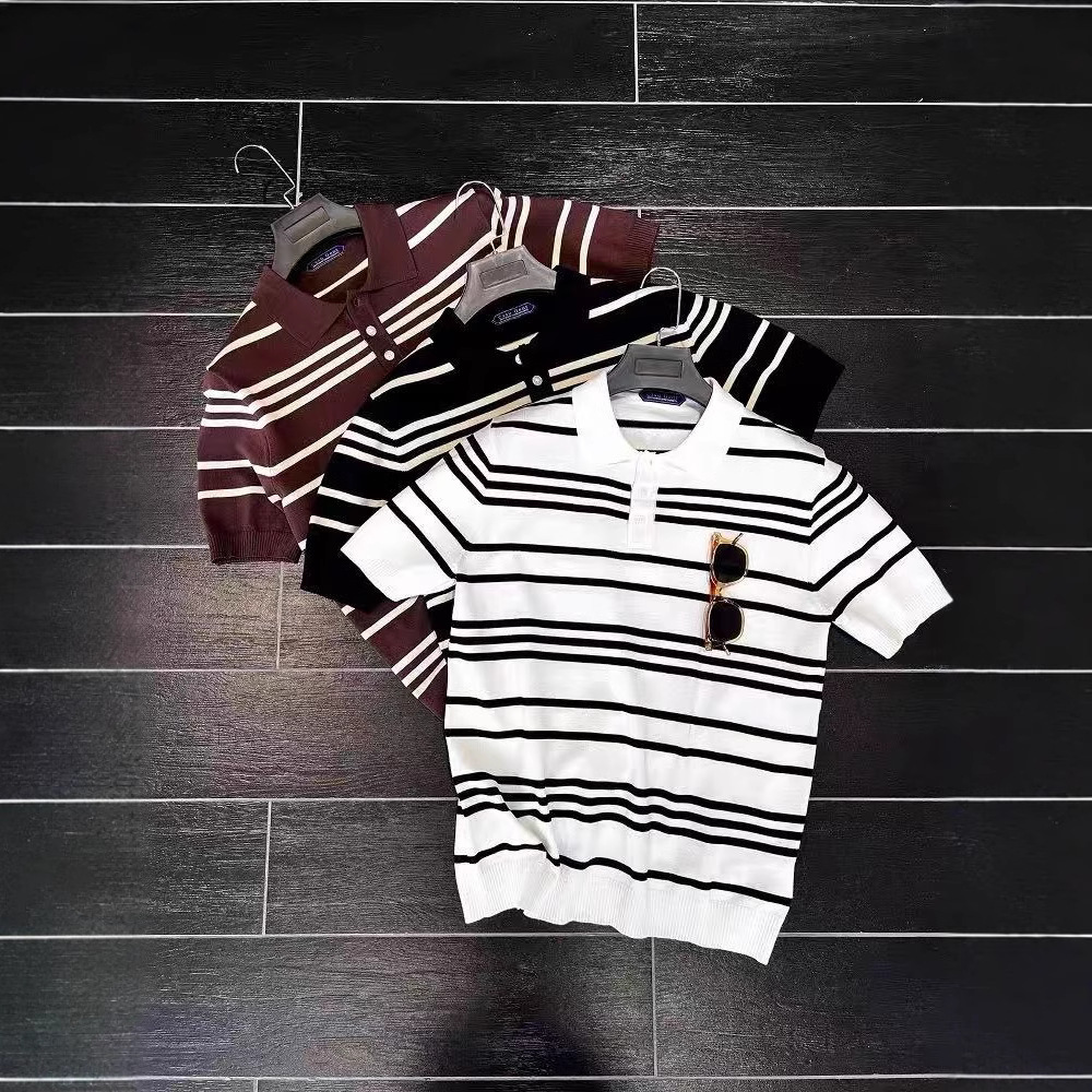 Camiseta de polo a rayas masculina de verano suelta japonesa con solapa de manga corta suelta marca de moda retro camiseta de negocios de media manga