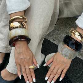 欧美跨境时尚晕染亚克力宽手镯Bracelet夸张不规则素圈树脂手环女