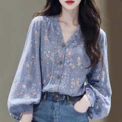 初秋法式绝美淑女气质森系蓝色碎花长袖衬衫上衣女宽松慵懒风