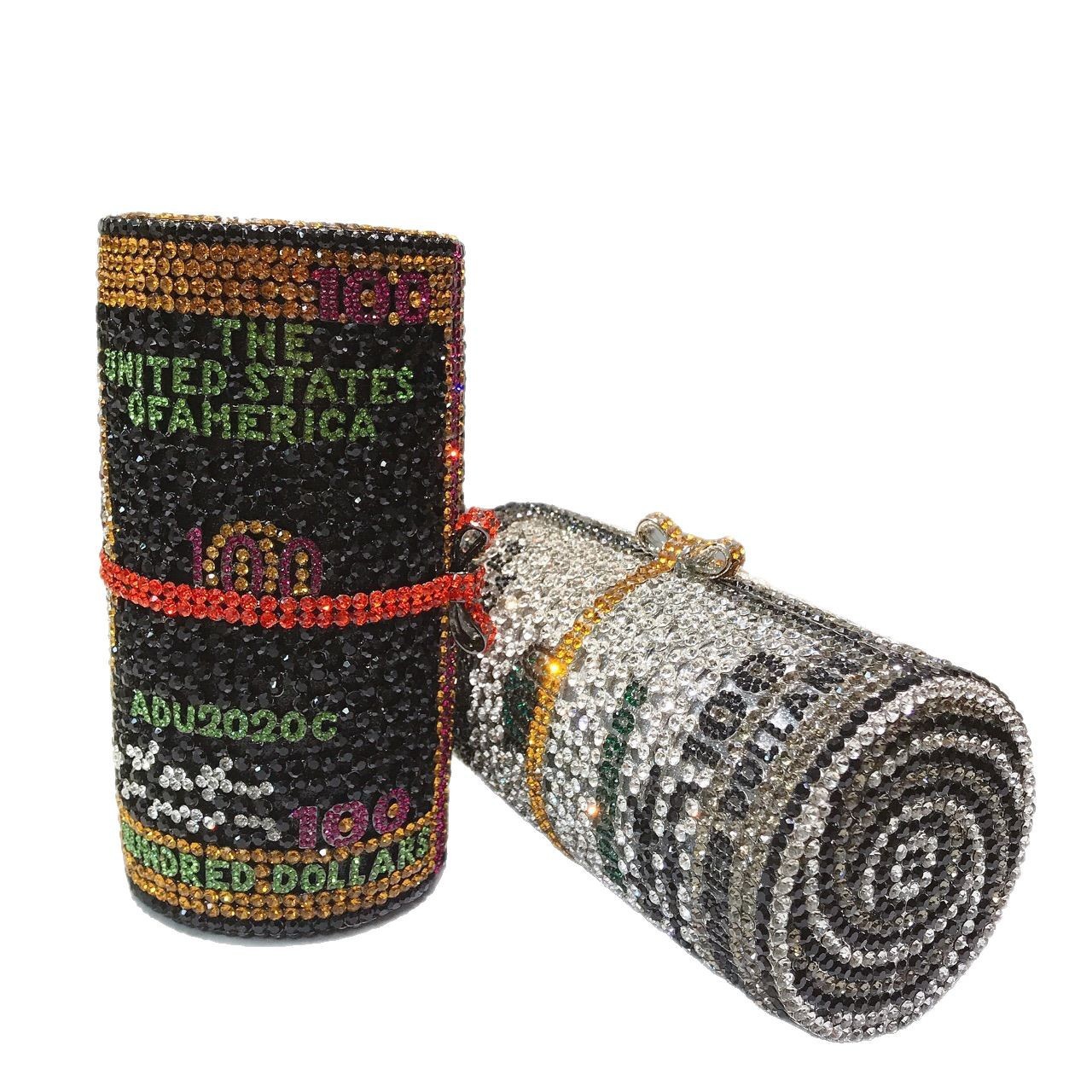 Nuevo rollo de bolsas de cristal de dólar bolsas de mano de banquete de diamantes cilíndricas bolsas de cena de metal