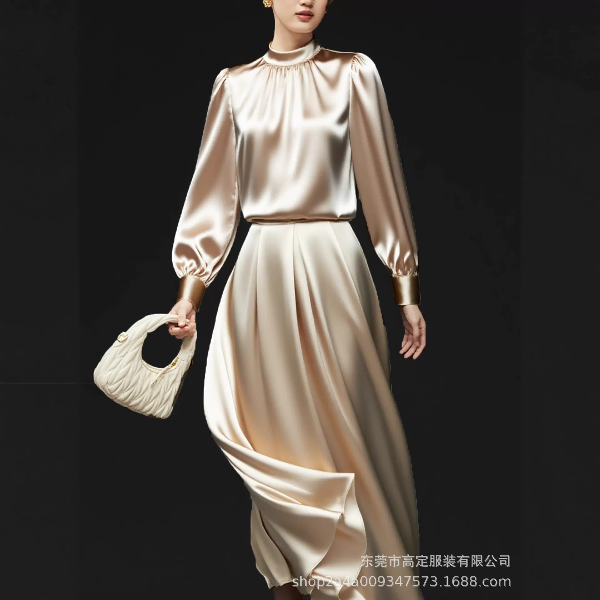 高定进口醋酸 千金白月光法式高级感立领缎面长袖衬衫女套装裙子