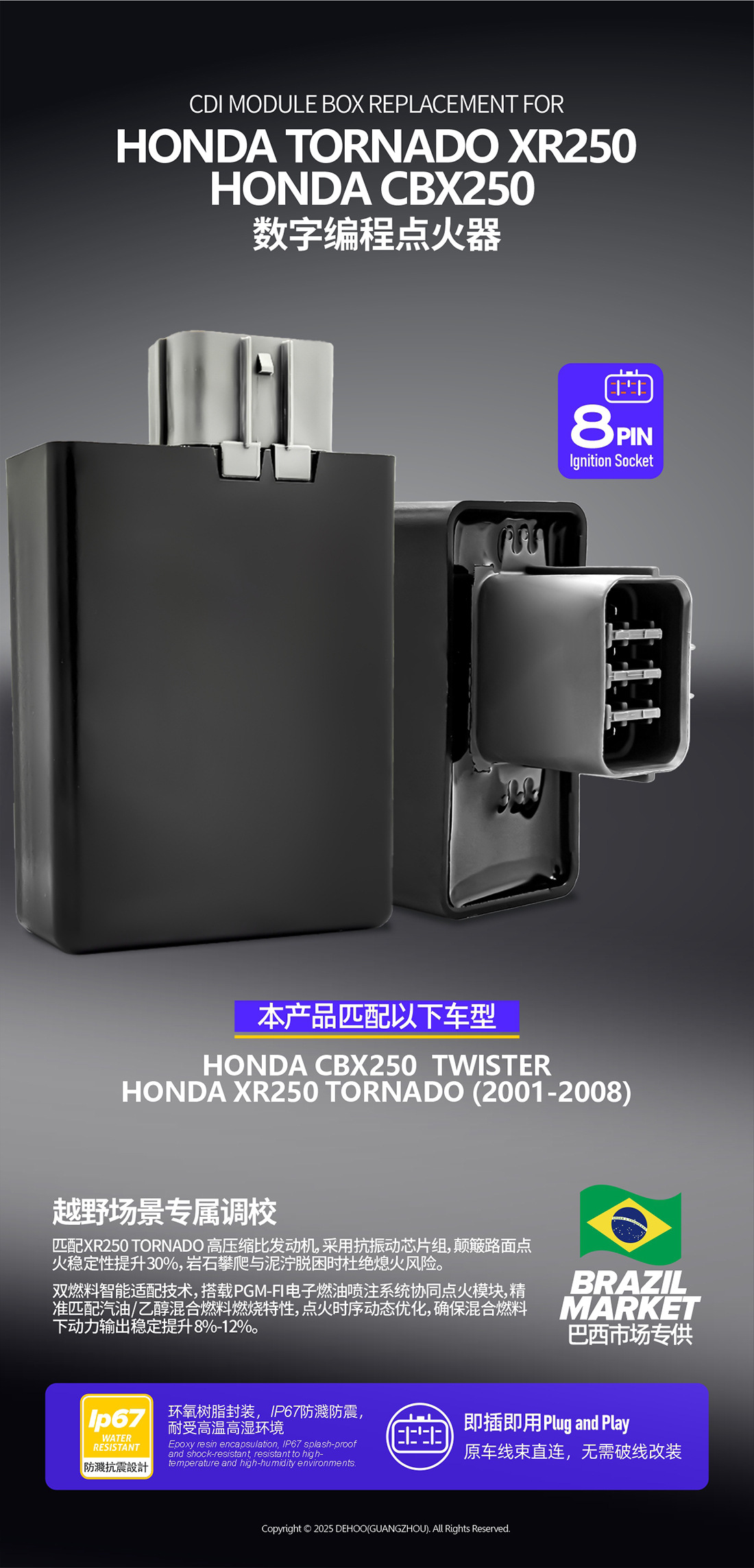 Suitable for Cbx250/Xr250, Factory Direct Approval, 8Pin High-Performance Honda Motorcycle Igniter, High Temperature Resistant