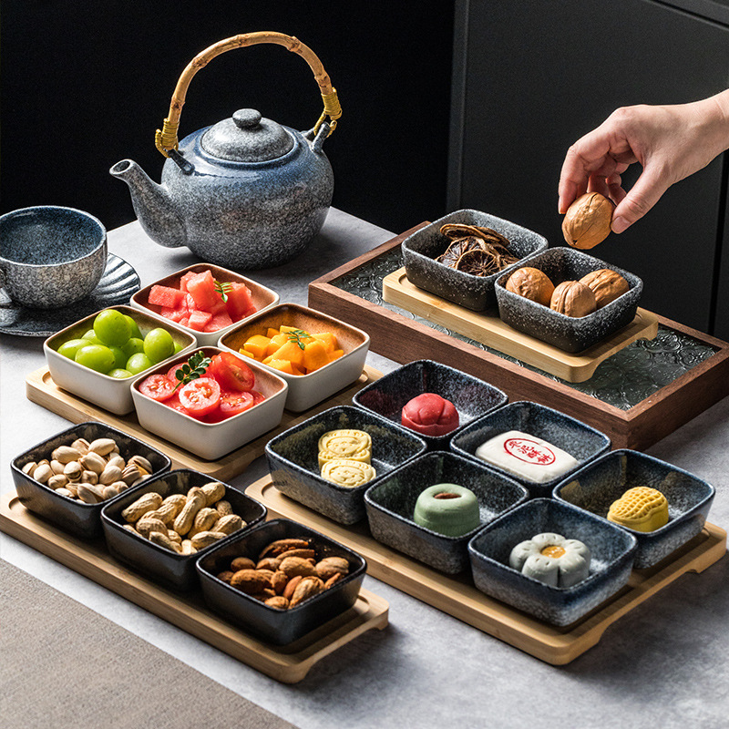 Japanese-Style Household Ceramic Dessert Plate Nine-Grid Flavor Dish Snack Compartment Plate Living Room Square Nut Snack Tray