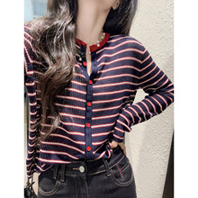 荣太羊毛英伦腔条纹撞色复古针织开衫女2025秋季新款洋气减龄外搭