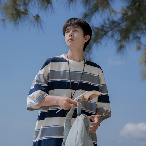 180G Heavyweight Striped T-Shirt for Men | Summer Trendy Brand, Japanese Preppy Style, Loose-Fit Half-Sleeve Tee for Guys