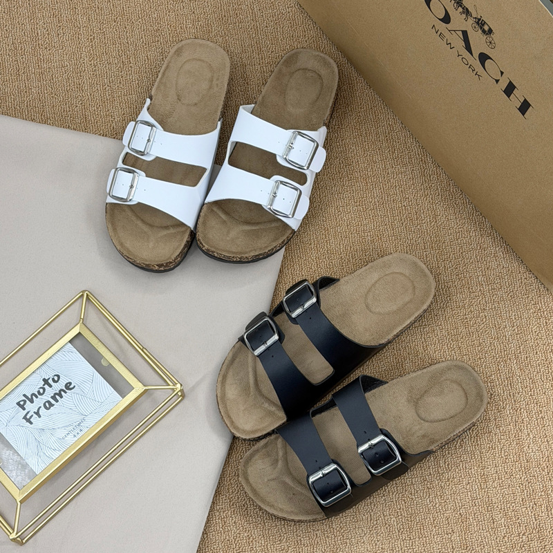 New Style Birkenstock Shoes with Double Buckle Cork Slippers for Couples, Fashionable and Versatile Non-Slip Artificial Leather Sandals, Cross-Border Hot Seller