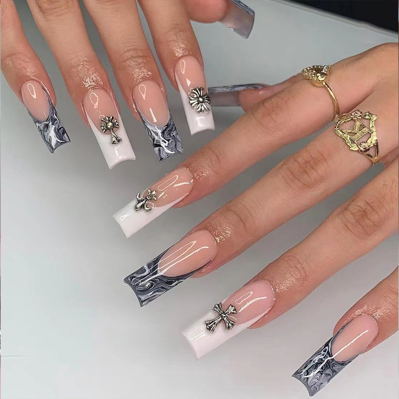 French wearing armour black and white Blooming Cross long ballet nail fake nail nail nail nail wholesale nail nail nail