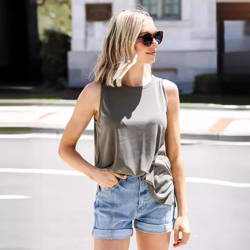 Cross-Border 2024 Amazon Women's Round Neck Logistics Pure Color Vest Top Fashion Pullover Halterneck Bottoming Shirt T-Shirt