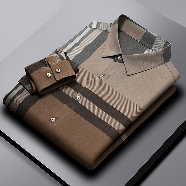 Otoño e invierno camisa de manga larga a cuadros grandes solapa de moda casual de negocios para hombres no planchar camisa a cuadros de lujo ligera de alta gama para hombres