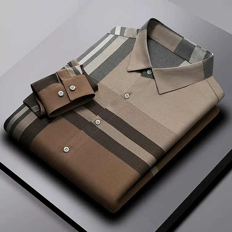 秋冬季大格长袖衬衫男商务休闲时尚翻领男装免烫高档轻奢格子衬衣