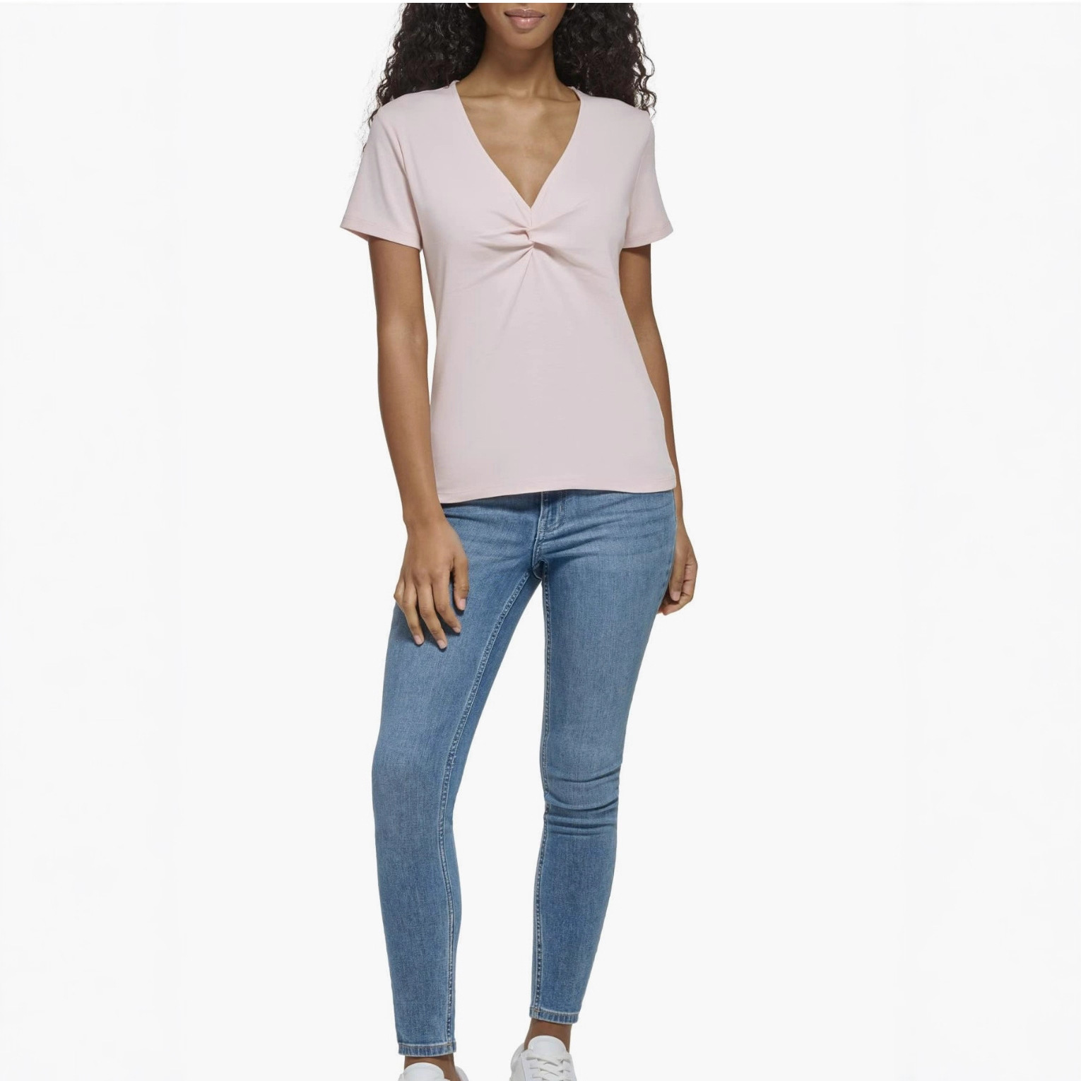 亚马逊爆款上新女式休闲 1x1 罗纹棉 V 领扭结细节短袖