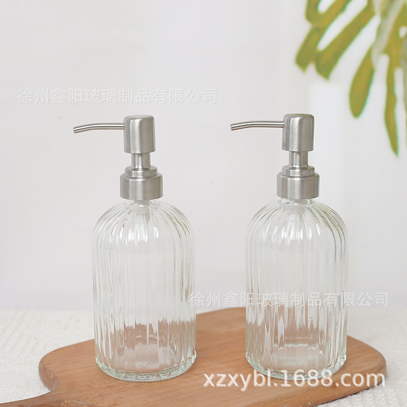 Dispensador de jabón de baño de 400 ml con rayas verticales, botella de repuesto para champú, gel de ducha, botella de vidrio para desinfectante de manos, botella vacía con cabezal de bomba