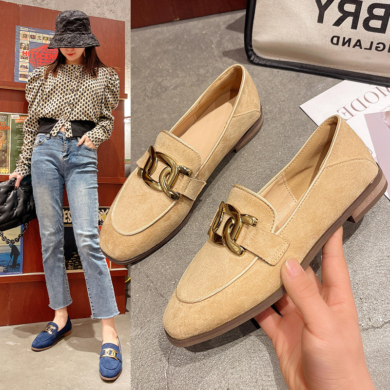 Flat Single For Women 2024 Spring New French Style Horsebit Loafers Low Heel Suede Slip-On Casual Shoes_vogvips.com