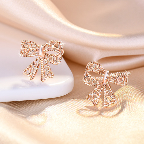 Bow tie earrings for women new 2024 autumn and winter high-end earrings for women rose gold simple cold style earrings
