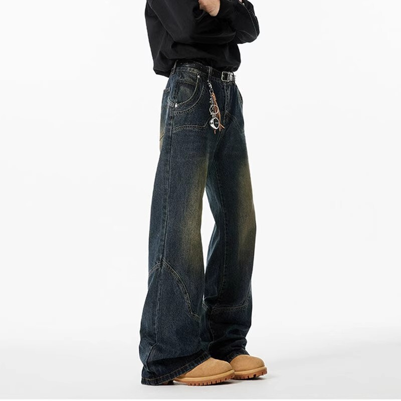 American Retro Deconstructed Design Scimitar Jeans Men's Cleanfit Loose Versatile Straight-Leg Flared Pants Trendy