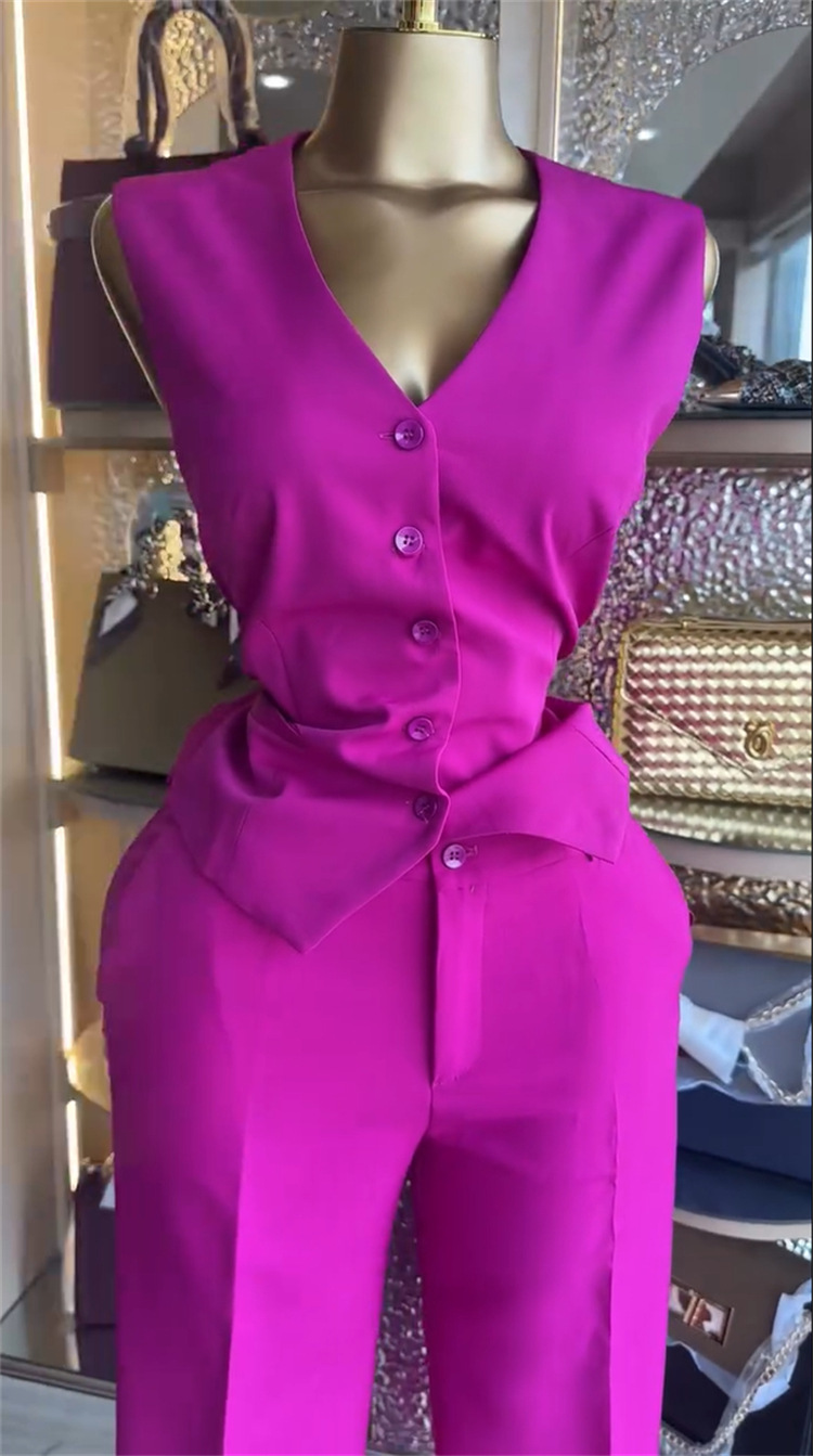 Women's V-neck Button-down Vest And Wide-leg Trouser Suit Set_voghion.com