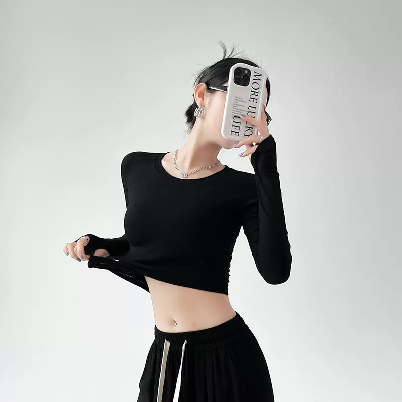 短款修身长袖上衣2025春季新款性感T恤女显瘦运动打底衫辣妹短T