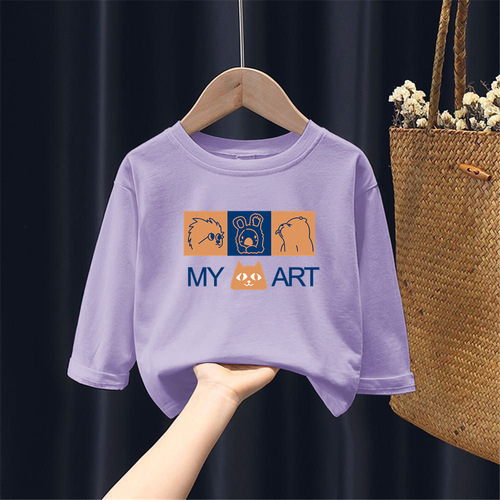 H2168# Children's Long-Sleeve Pure Cotton Base Shirt Spring and Autumn Printed Stylish Casual T-shirt for Boys and Girls Casual Top Trendy
