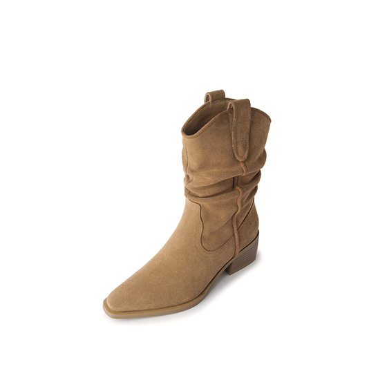 Genuine Cow Anti-Leather Maillard Boots Women's Brown Pleated Heap Boots Western Cowboy Boots Mid-Boots Martin Boots