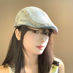 复古丹宁水洗牛仔鸭舌pu前进帽女春夏百搭防晒显脸小反戴贝雷帽子