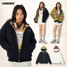 UNBDNS美式潮牌双面穿格子连帽棉衣外套男女同款休闲百搭情侣外套