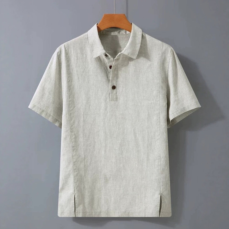 High-End Cotton and Linen Short-Sleeved T-Shirt for Men, Summer Thin Casual Collared Pullover, Loose Half-Sleeved Full Linen Top
