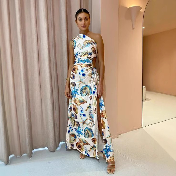 European and American Cross-Border 2026 New Model Independent Site Aliexpress One-Shoulder Sexy Drawstring Conch Slit Long Dress