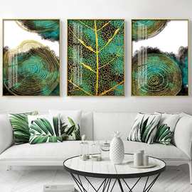 现代简约三拼抽象绿色树轮 喷绘画 创意沙发背景墙装饰画挂画油画