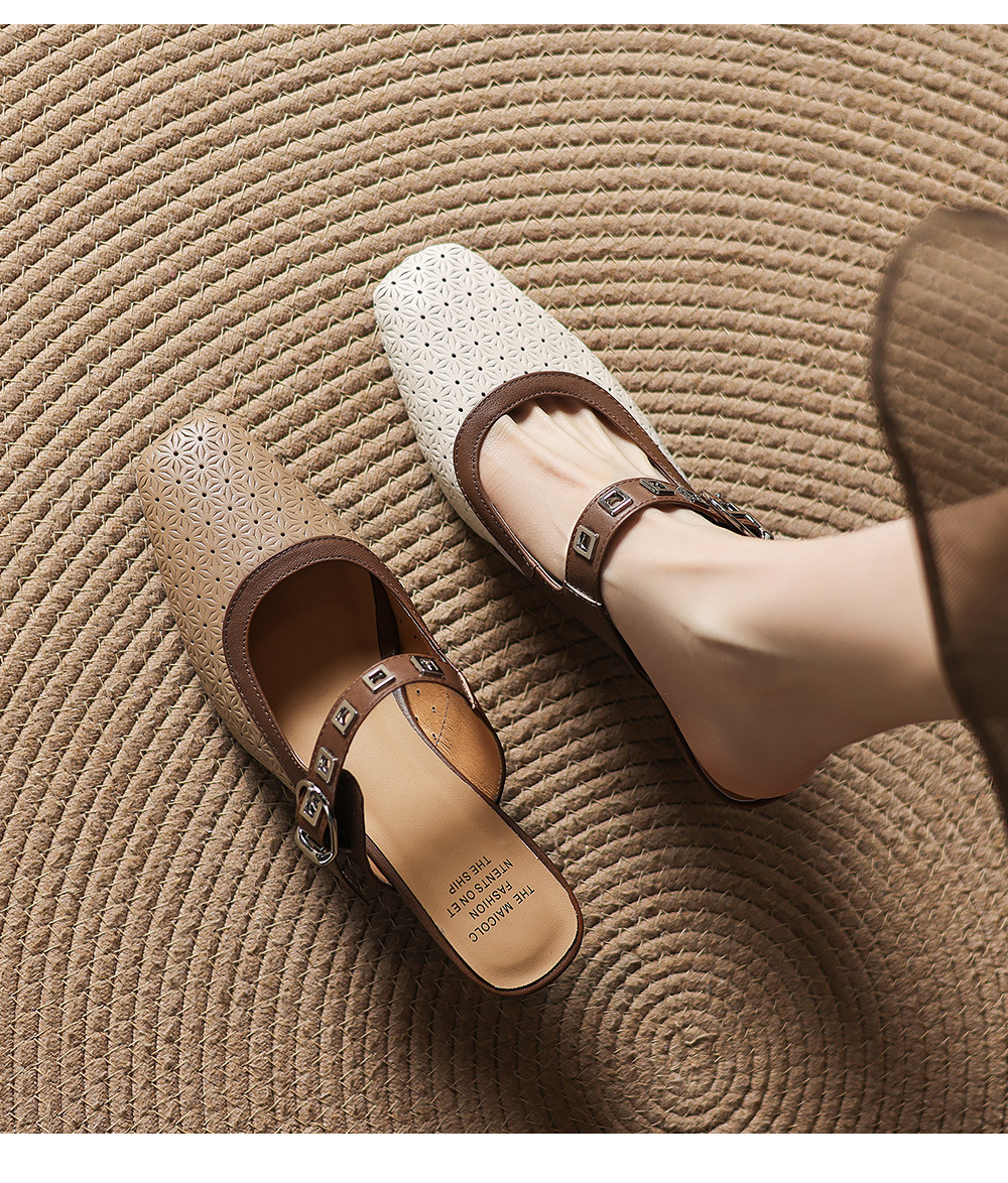 Sandal nữ quai ngang mũi vuông gót 5 cm phối màu — màu trắng ngà chi tiết 2