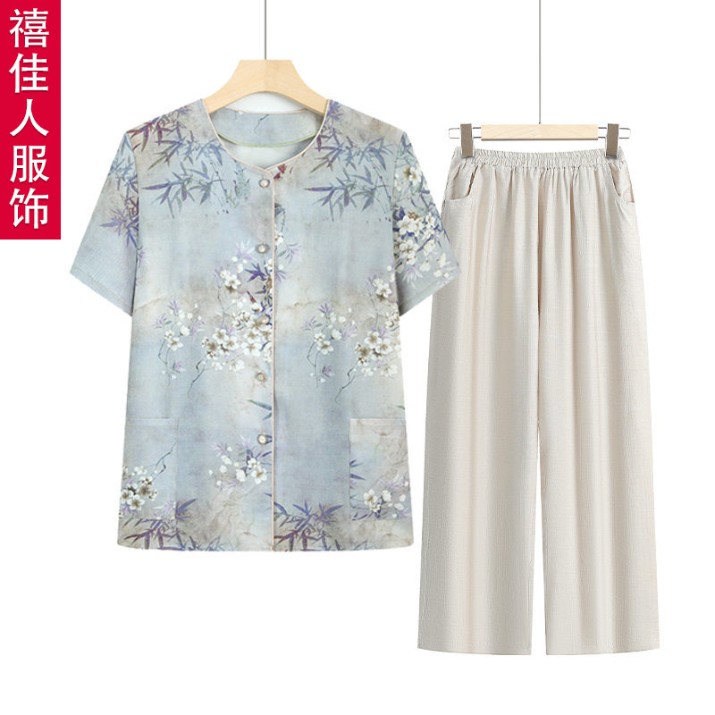 奶奶夏装套装中老年女冰丝短袖大码上衣妈妈老人洋气衣服礼物衬衣