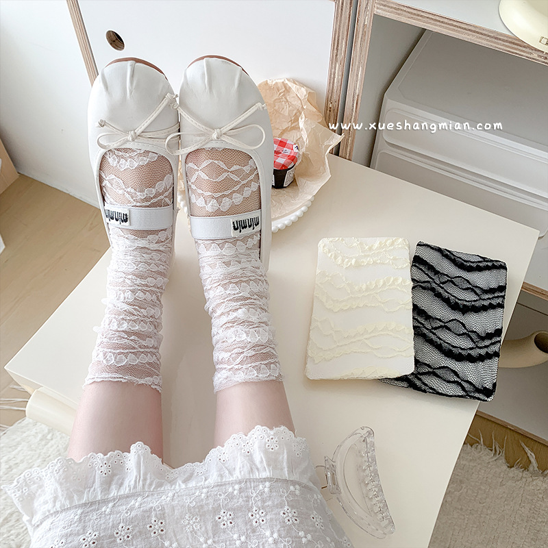 Calcetines de pila de hilo de red para mujer, estilo fino de primavera y verano Lolita encaje jk medias de tubo horizontal, tubo largo de moda de ins blanco japonés