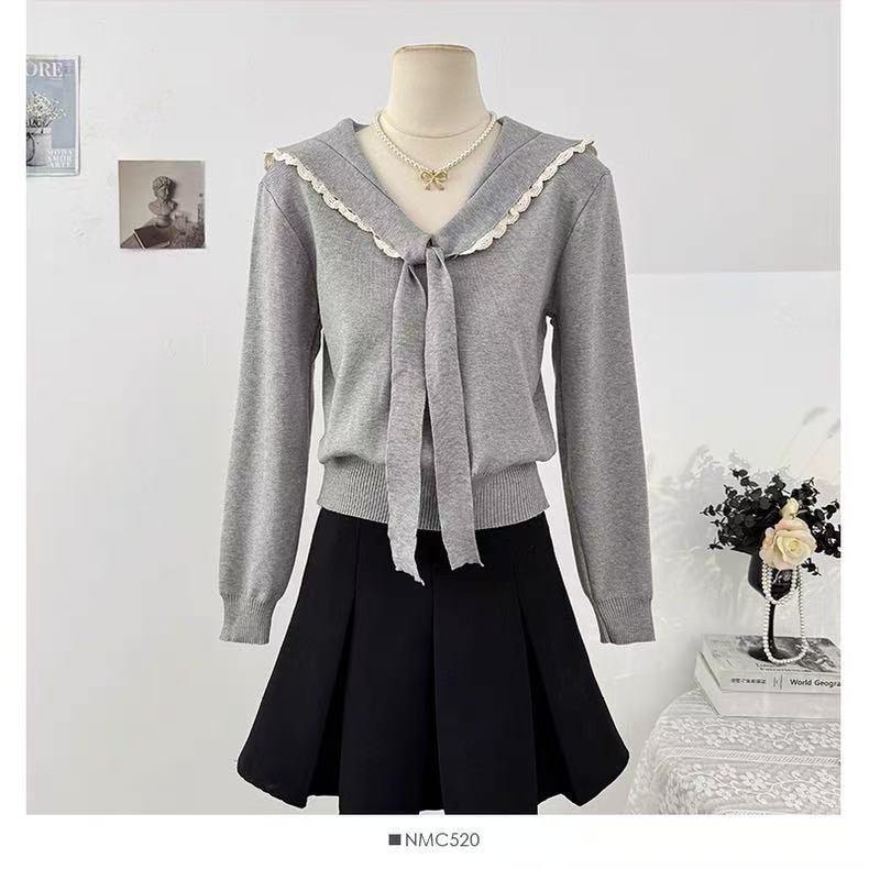 Lace Navy Collar Strap Knitwear for Women Korean Girls Autumn and Winter Slim Long-Sleeved Niche Splicing Tops for Women