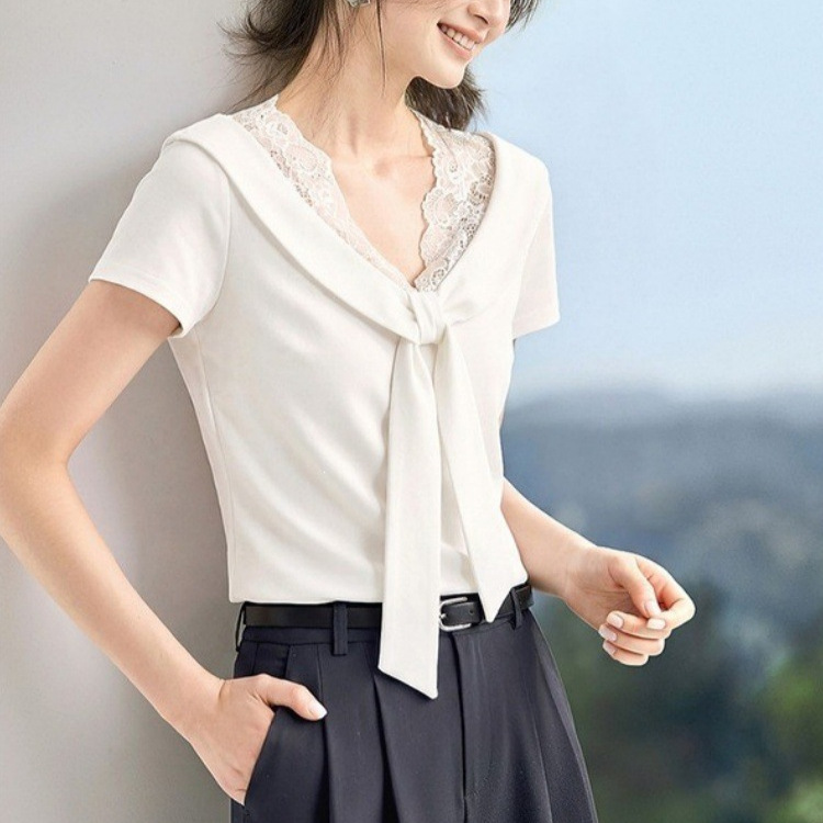 Soft Nautical Style 2026 Summer New Style Spliced Lace Navy Collar Tie-Up Regular Shoulder Fitted T-Shirt Soft Nautical Style 2026 Summer New Style Spliced Lace Navy Collar Tie-Up Regular Shoulder Fitted T-Shirt