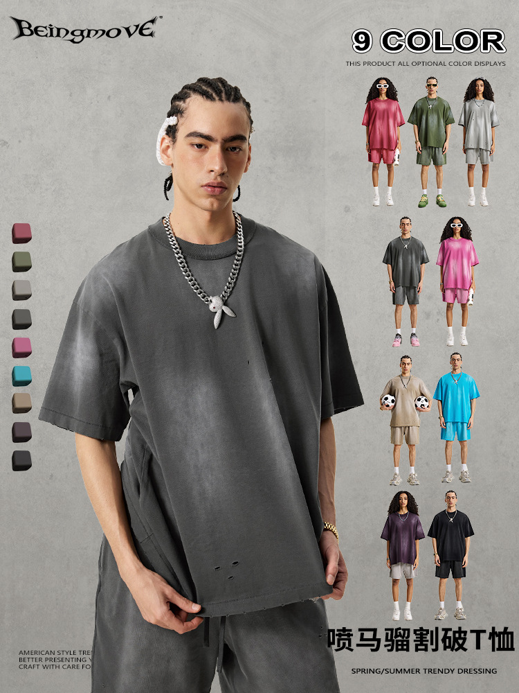 2025 verano europeo y americano retro tierra color sistema suelto agujero camiseta de manga corta marca de moda gruesa camiseta de tamaño plano hombre