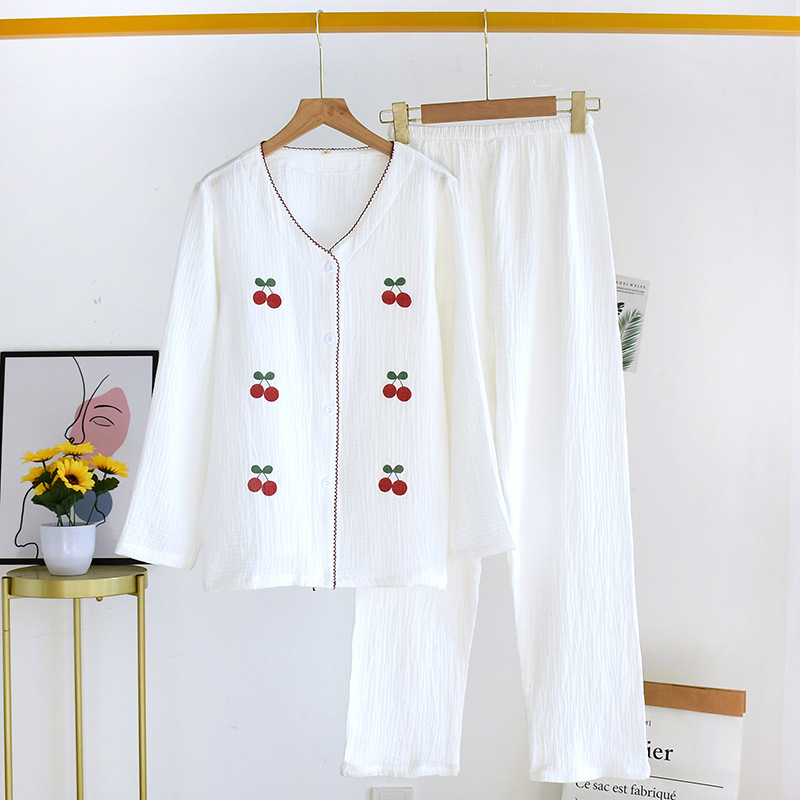 LYZホワイトプリントチェリー-Vネックパジャマカバー