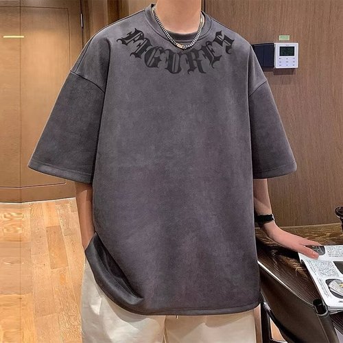 Men's Summer Loose Fit Short Sleeve T-Shirt, Japanese Style Trendy Ins Retro Minimalist Casual Half Sleeve Bodysuit with Faux Fur