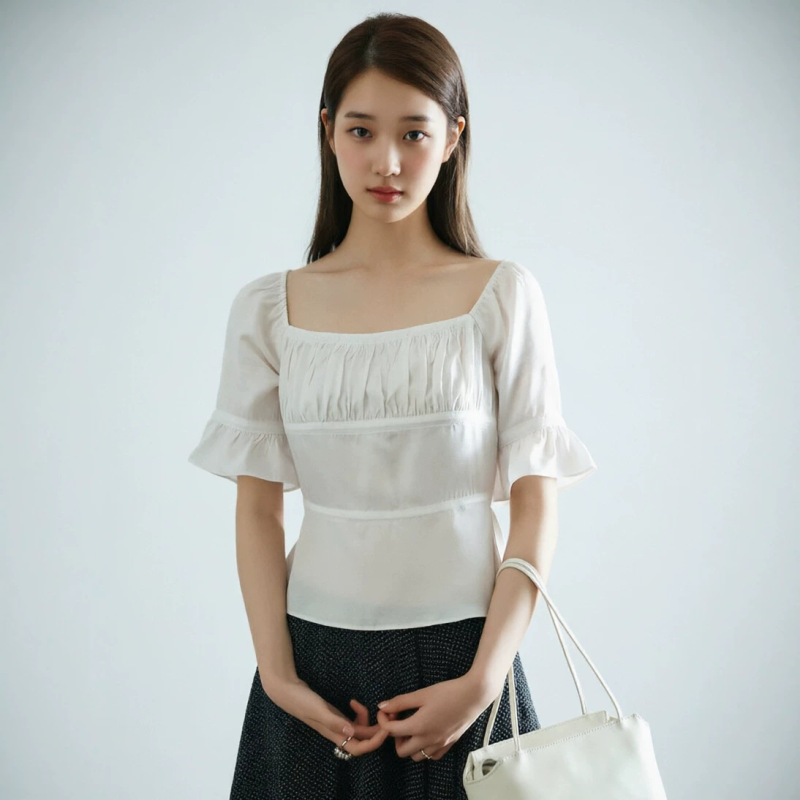 Lalaglo Full Acetate French-Style Slim-Fit Lace Patchwork Short-Sleeve Shirt for Women with Square Collar