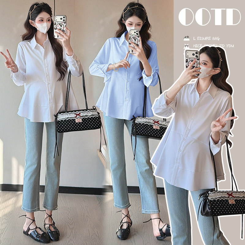 Real Shot of Maternity Wear 2026 Spring New Style Shirt Babydoll Top White Long-Sleeve Versatile Top Real Shot of Maternity Wear 2026 Spring New Style Shirt Babydoll Top White Long-Sleeve Versatile Top