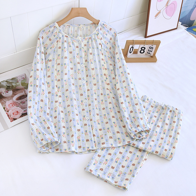 면 크레이프 둥근 목 파란색 줄무늬 곰 감금 세트 세트