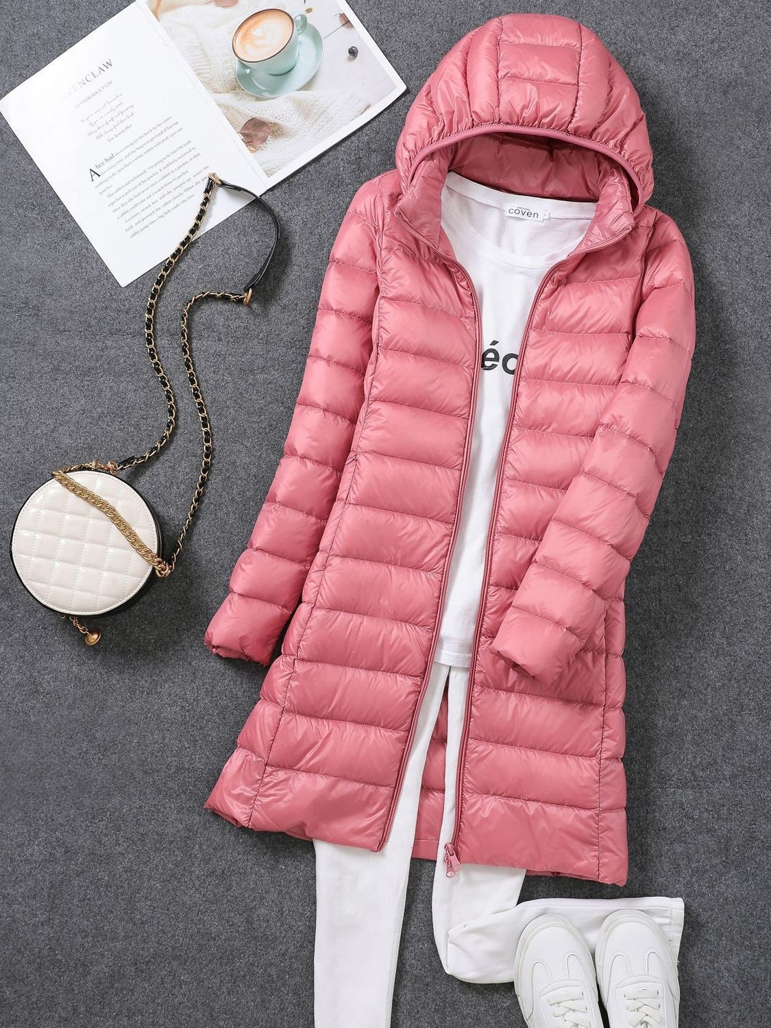 Tik Tok transfronterizo otoño y invierno nuevo chaqueta de plumón ligera de mujeres mediana y larga ropa blanca coreana chaqueta delgada sombrero desmontable