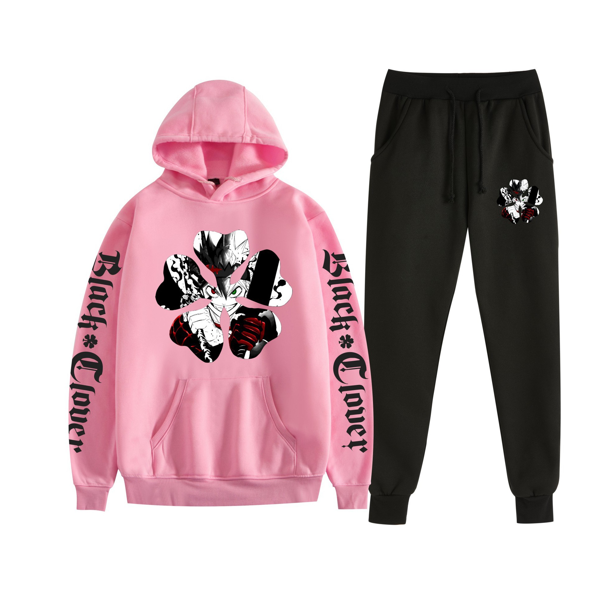 Trébol de cuatro hojas negro nuevo estilo transfronterizo Black Clover pareja suéter con capucha hombres y mujeres pantalones de dos piezas